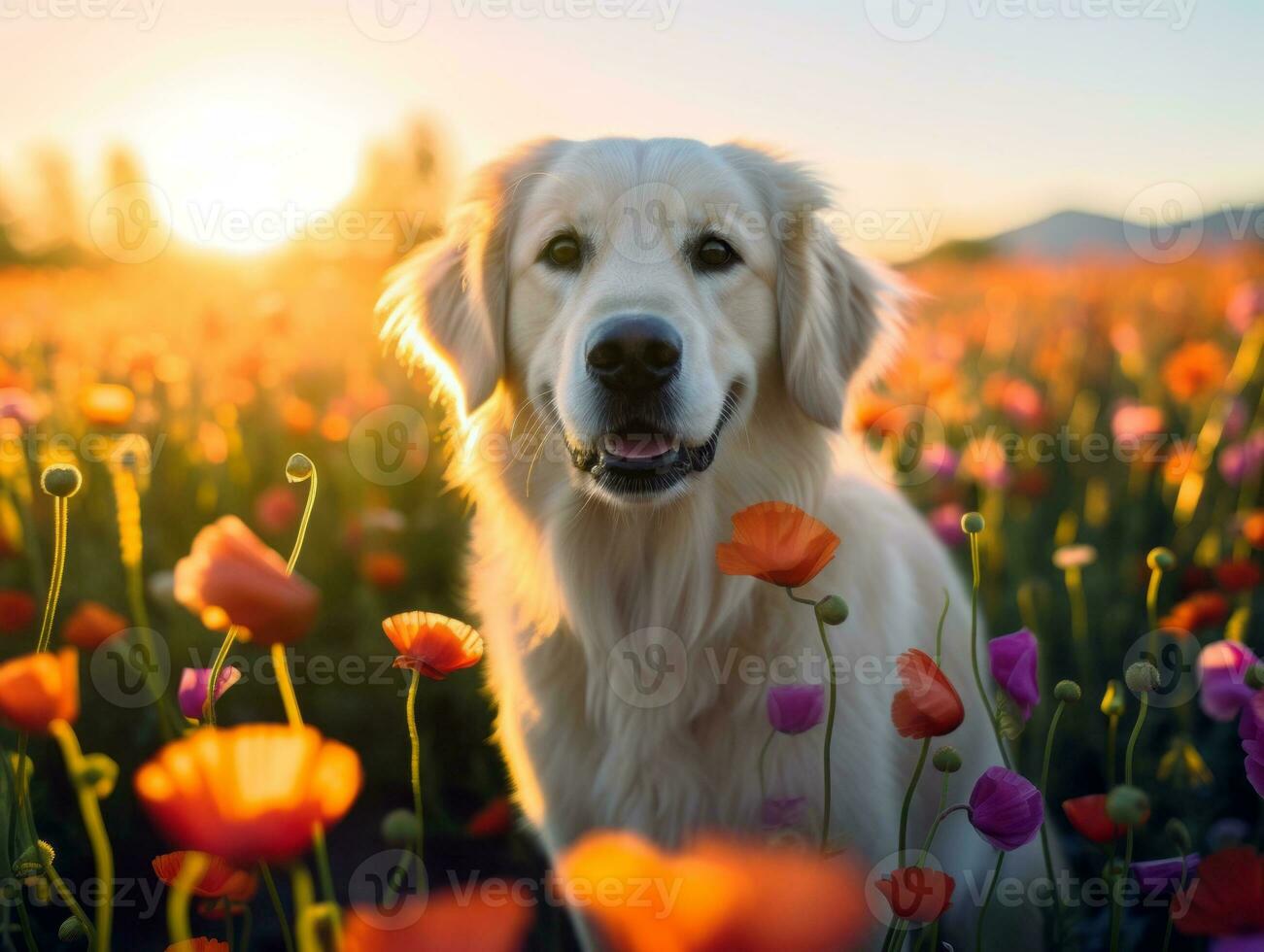 Curious dog exploring a field of blooming wildflower AI Generative photo