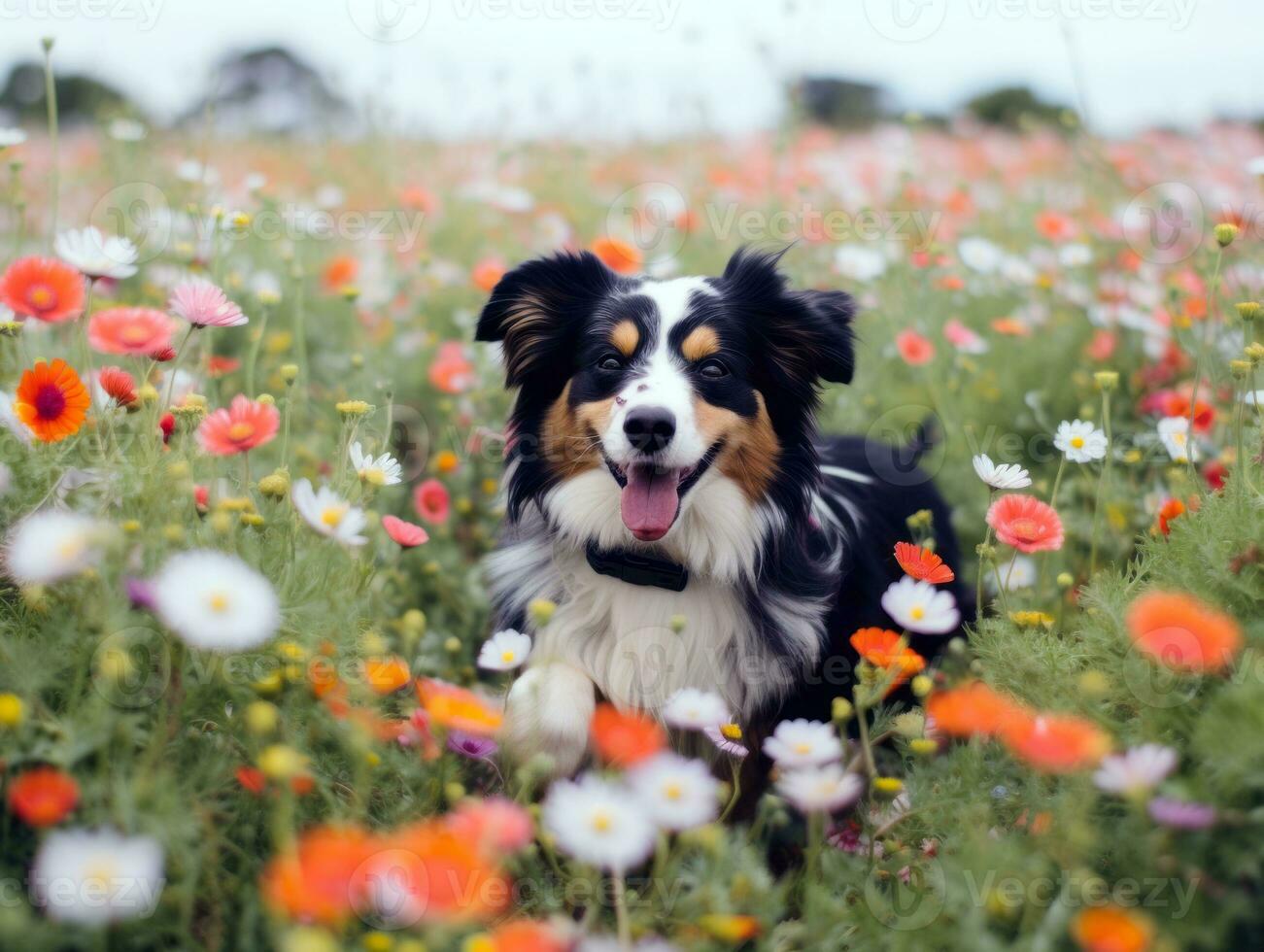 Curious dog exploring a field of blooming wildflower AI Generative photo