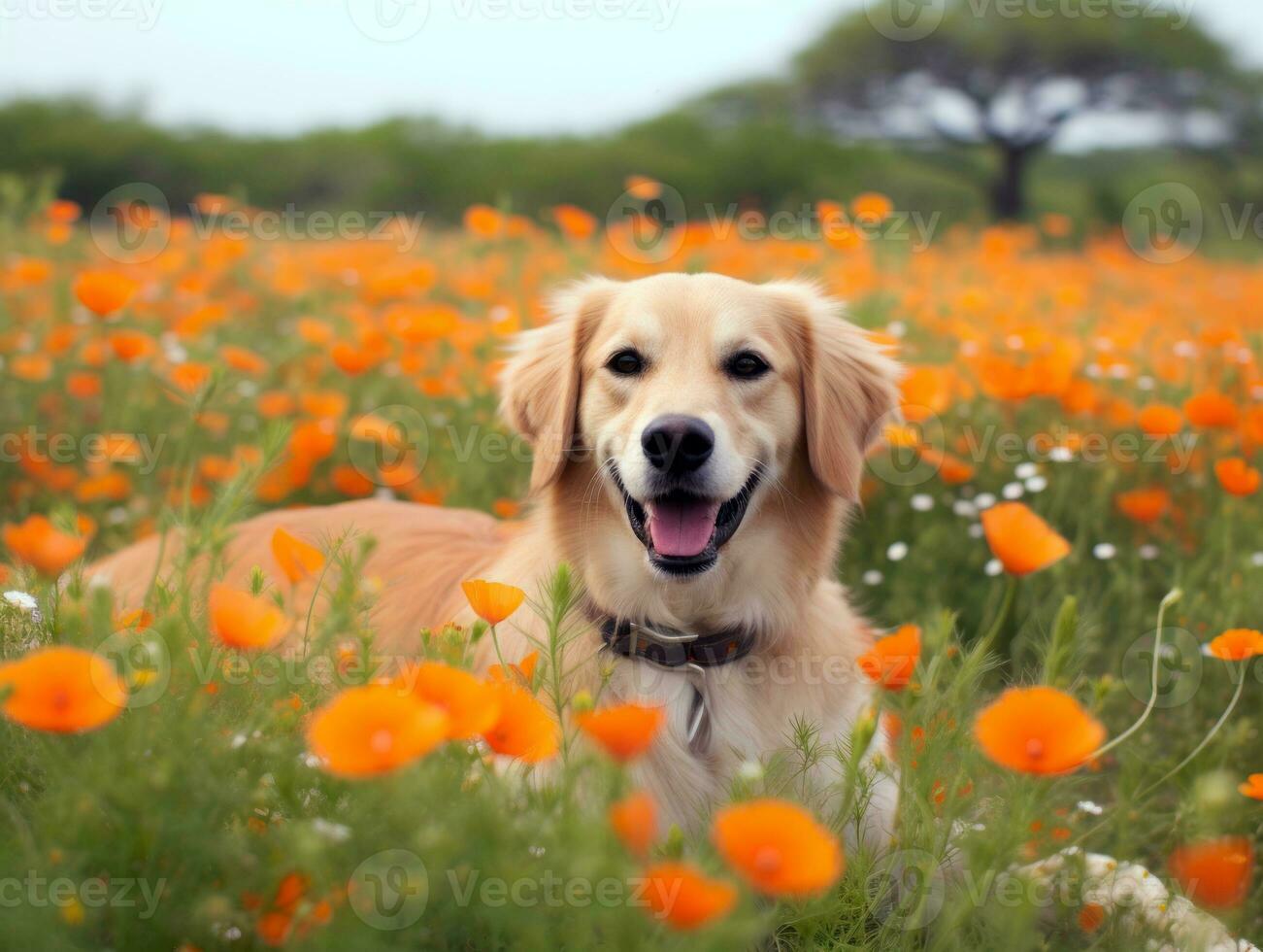 Curious dog exploring a field of blooming wildflower AI Generative photo