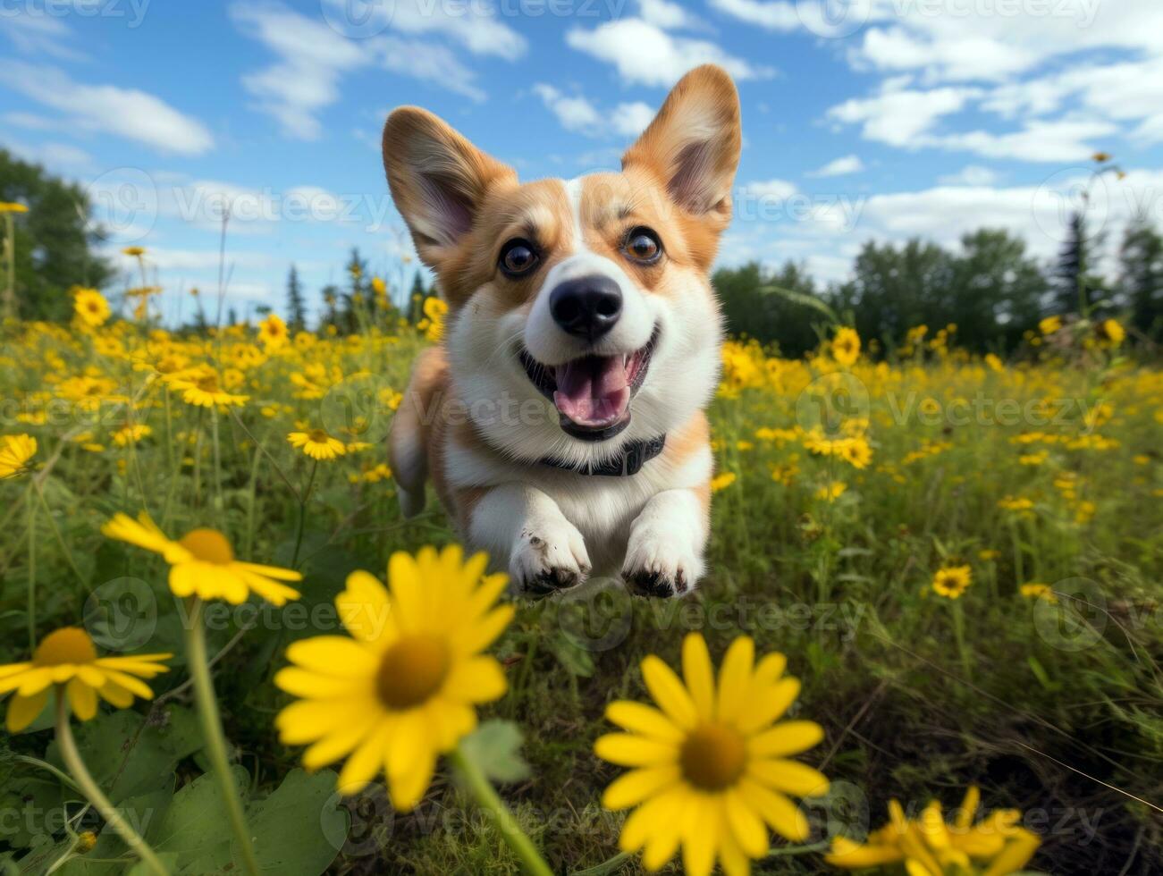 Curious dog exploring a field of blooming wildflower AI Generative photo