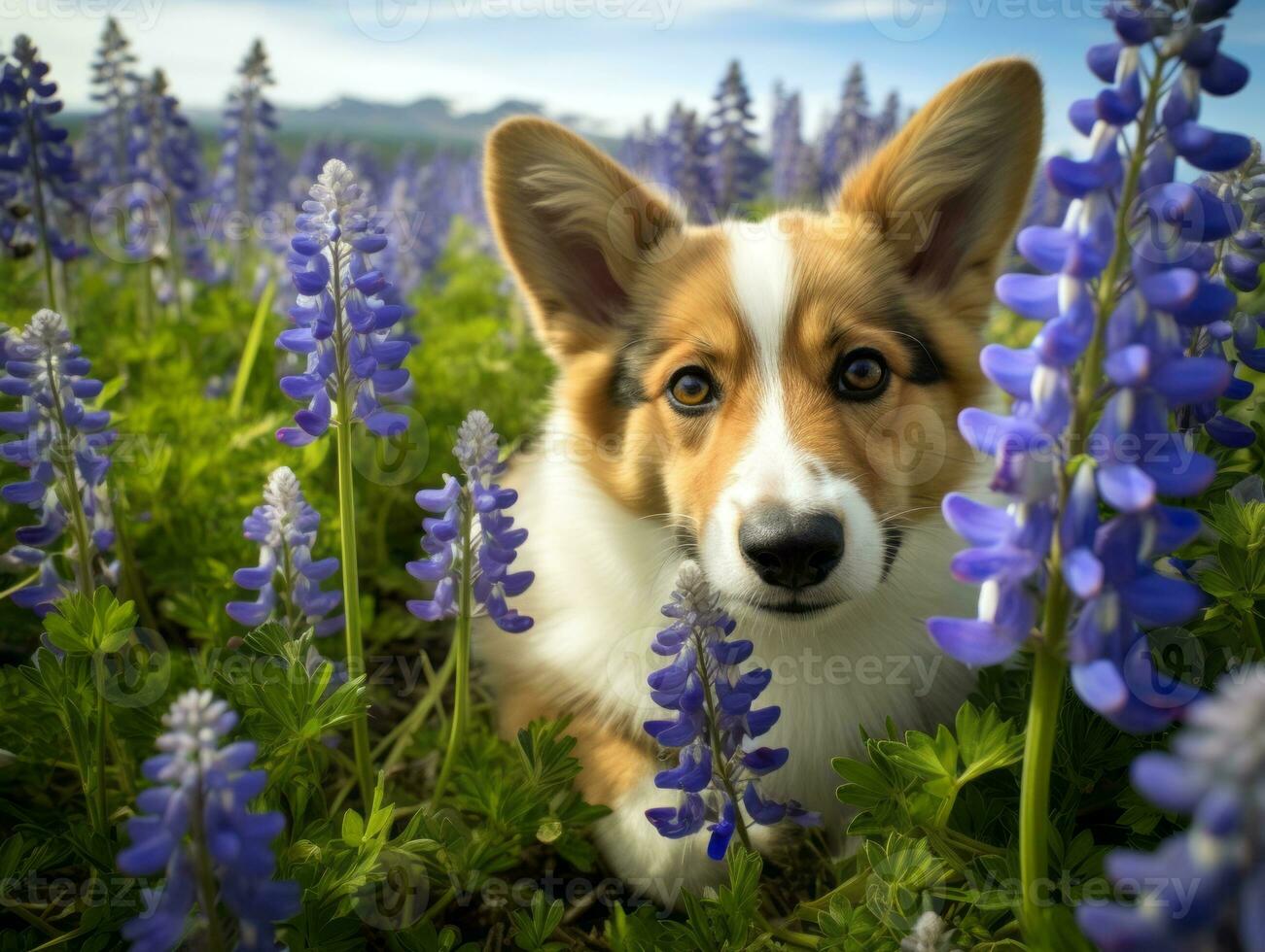 Curious dog exploring a field of blooming wildflower AI Generative photo