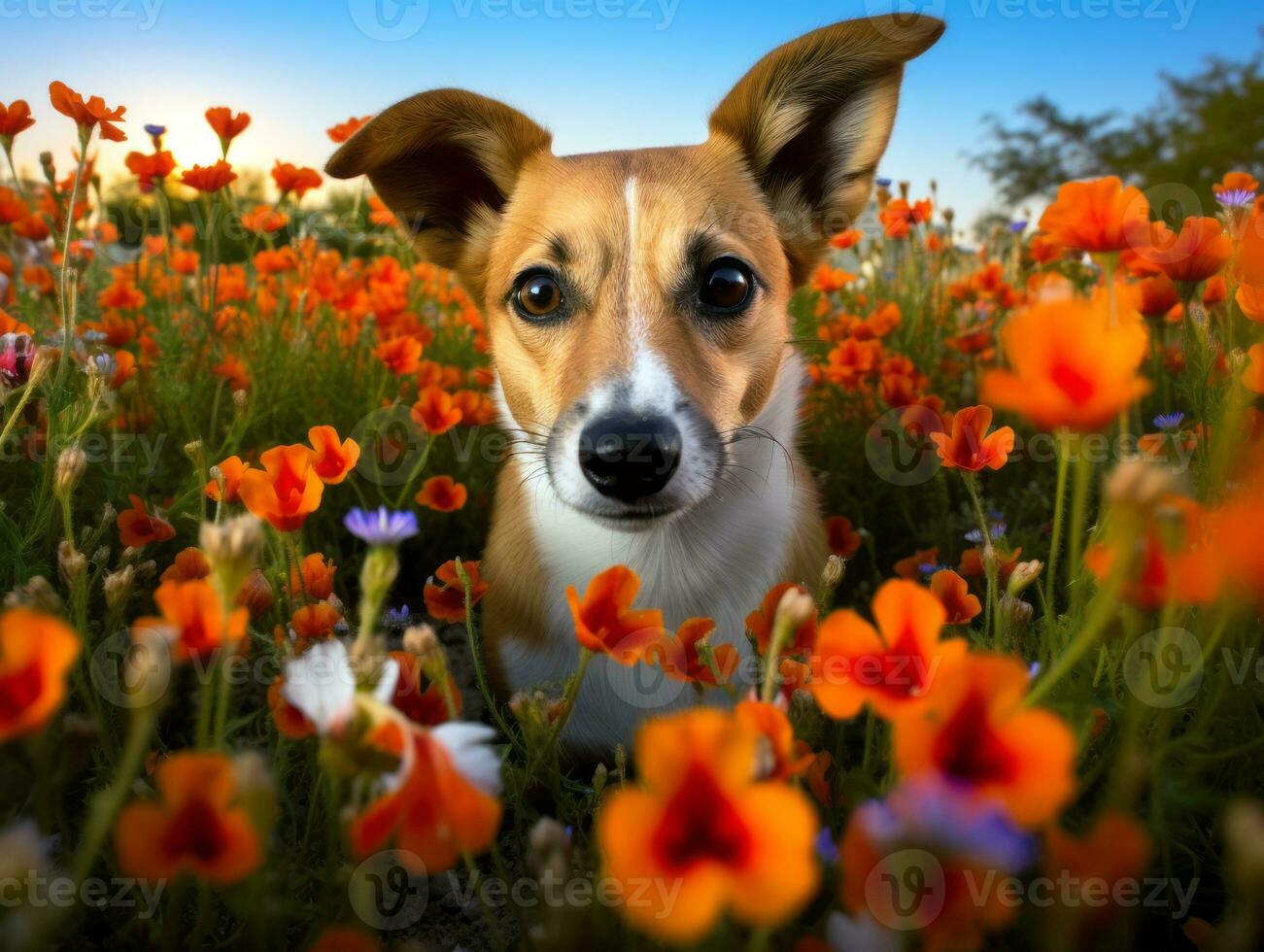 Curious dog exploring a field of blooming wildflower AI Generative photo