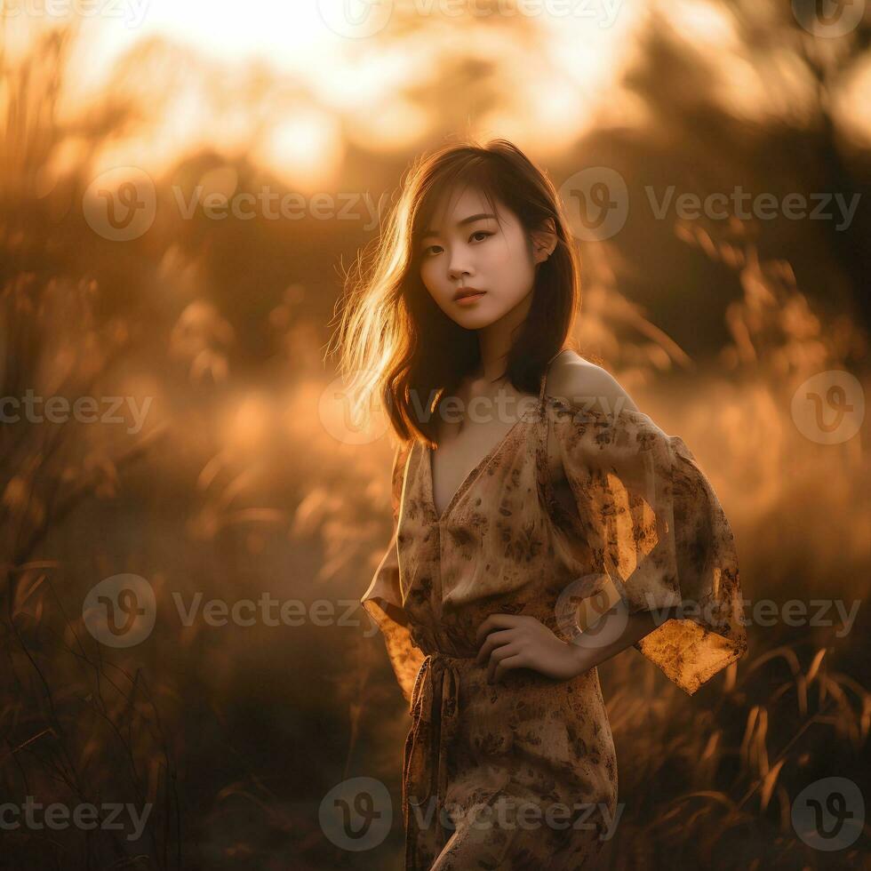 portrait of an Asian woman in golden fashionable clothes against the background of the setting sun, natural photo in the field, ,soft light, , ai generated art