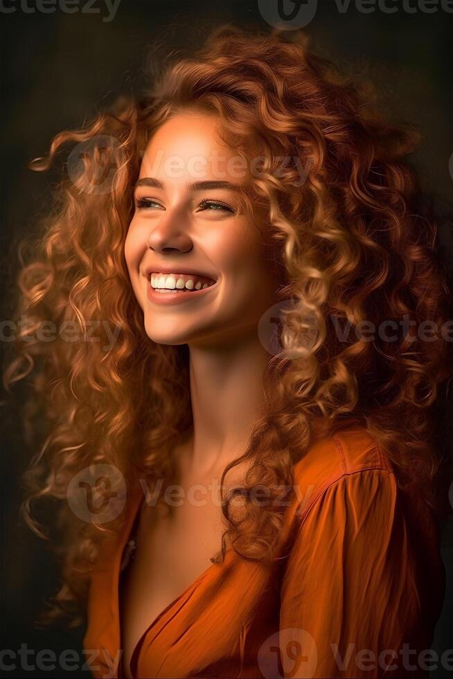 Funny portrait of a bright positive smiling European woman, close-up, natural studio photo, warm filter, ai generative art photo