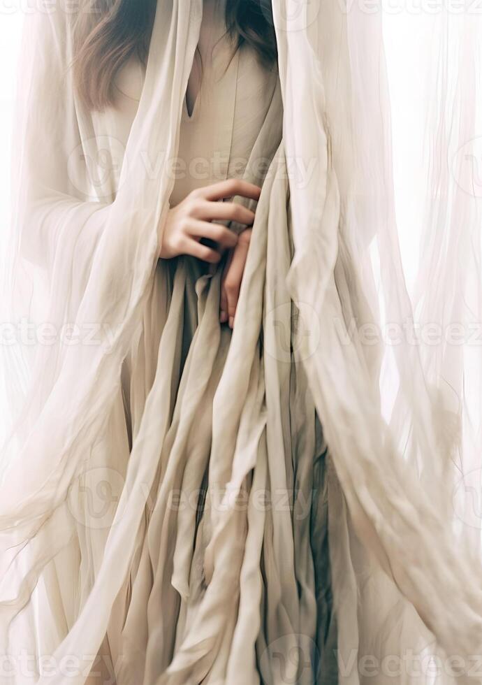 woman in wedding dress, neutral silk drapes on white background photo, in the style of laura makabresku, multilayered abstraction, gossamer fabrics, fujifilm x-t4, close-up, art photo