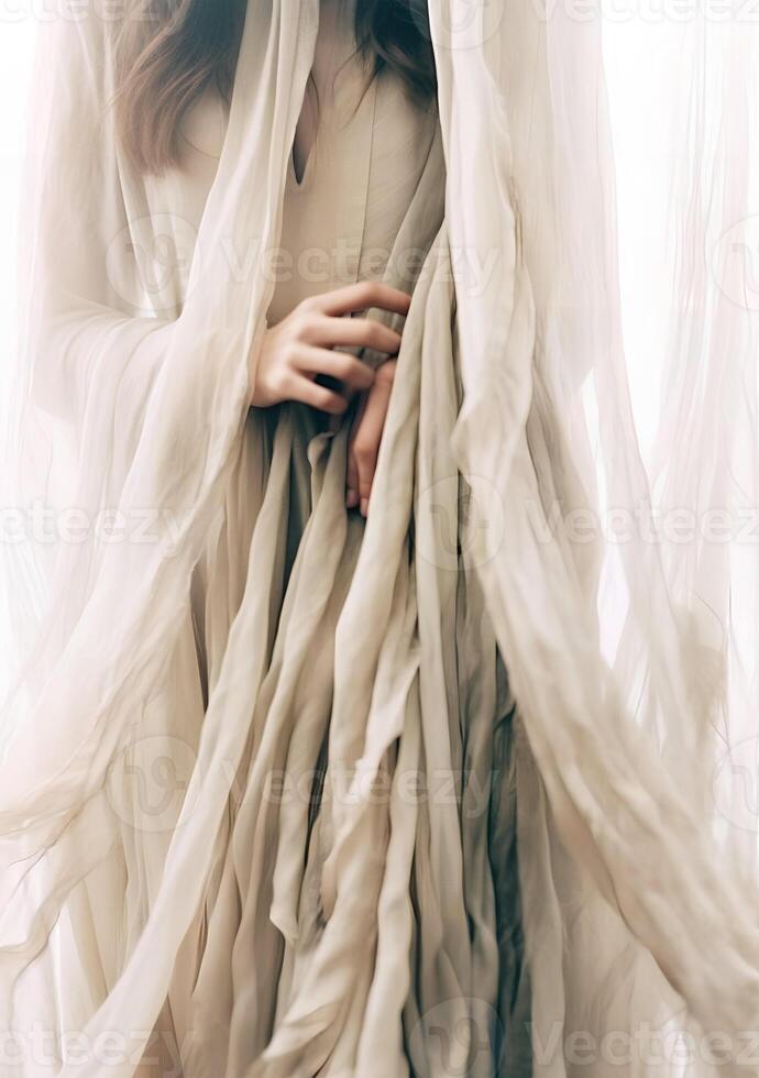 woman in wedding dress, neutral silk drapes on white background photo, in the style of laura makabresku, multilayered abstraction, gossamer fabrics, fujifilm x-t4, close-up, ai generative art photo