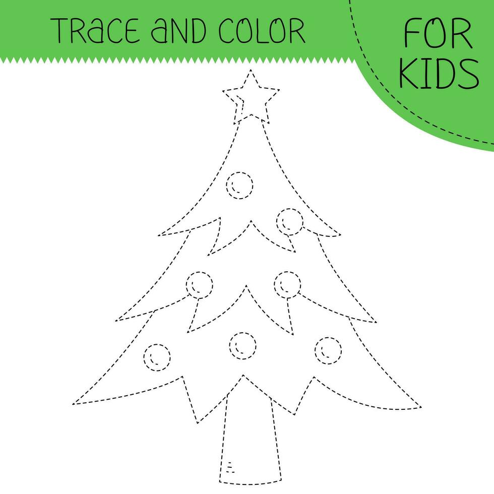Trace and color coloring book with christmas tree for kids. Coloring page with cute cartoon christmas tree. Vector square illustration