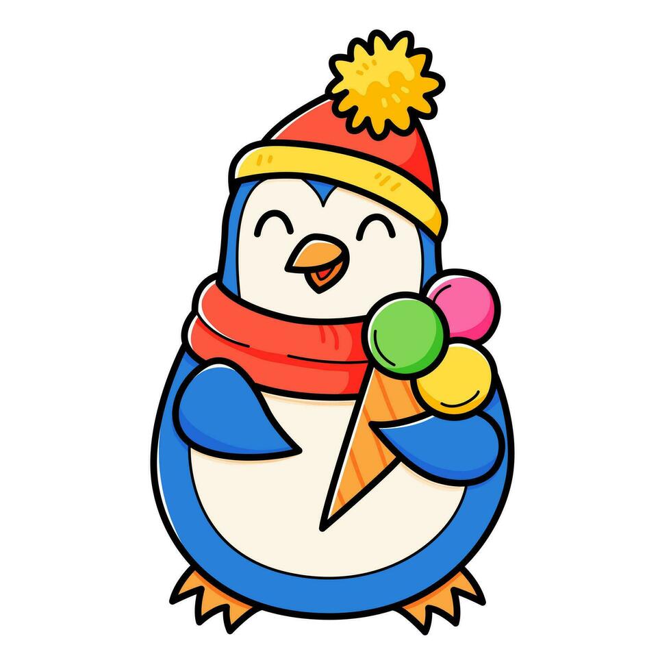 Cute penguin with ice cream character in cartoon style. Vector isolated on white illustration