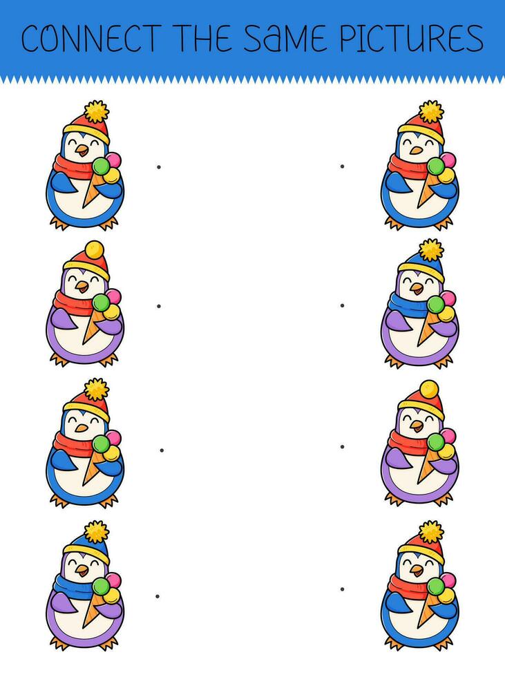 Connect the same pictures game with cartoon penguin with ice cream. Children's game with cute penguin. Vector illustration