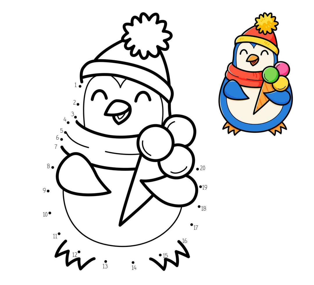 Dot to dot game coloring book with penguin with ice cream for kids. Coloring page with cute cartoon penguin. Connect the dots vector illustration