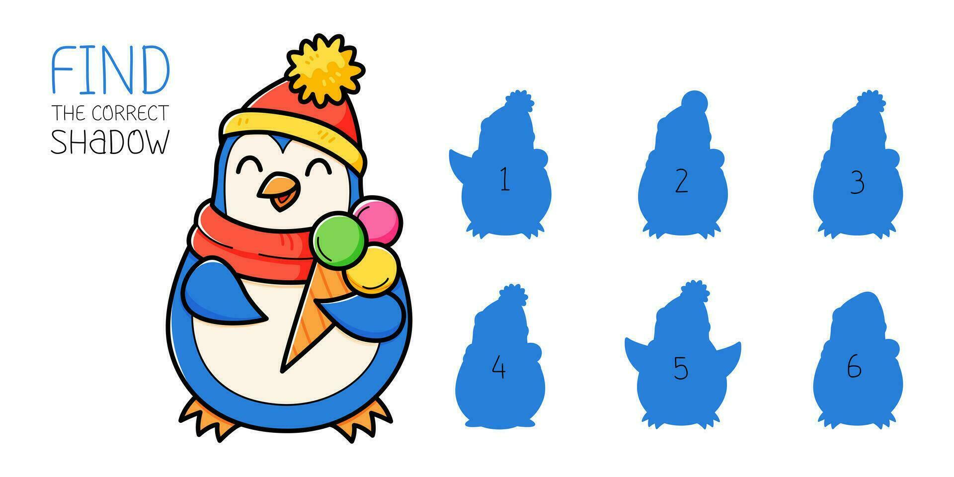 Find the correct shadow game with penguin with ice cream. Educational game for children. Cute cartoon penguin. Shadow matching game. Vector illustration