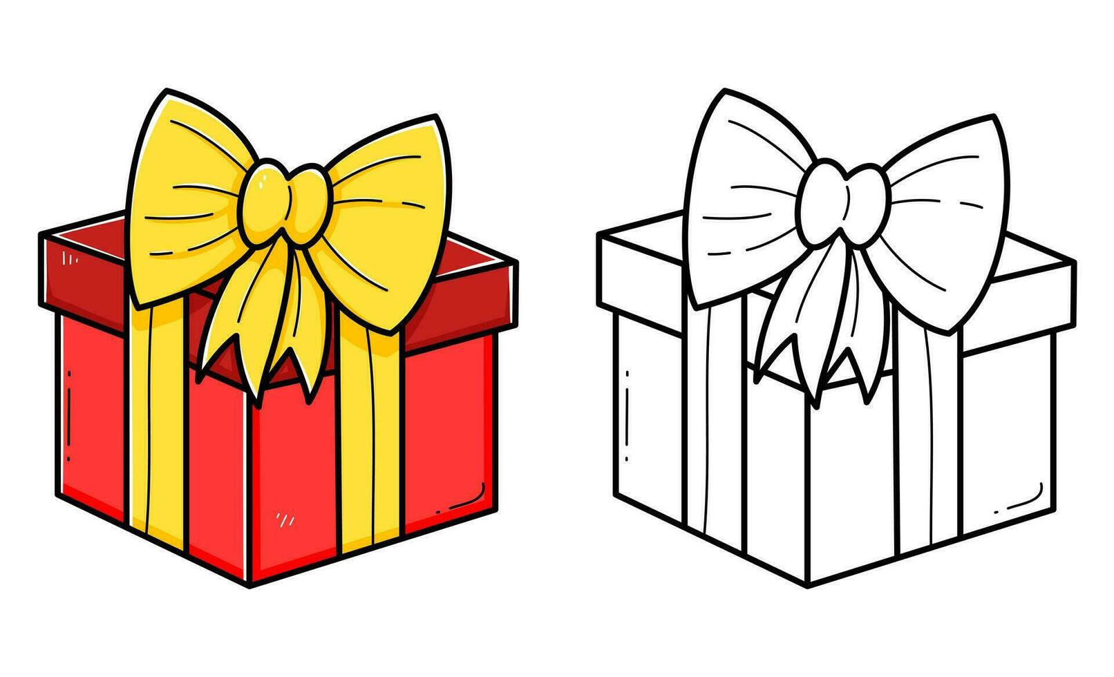 Gift box coloring book with coloring example for kids. Coloring page with gift box. Monochrome and color version. Vector children's illustration