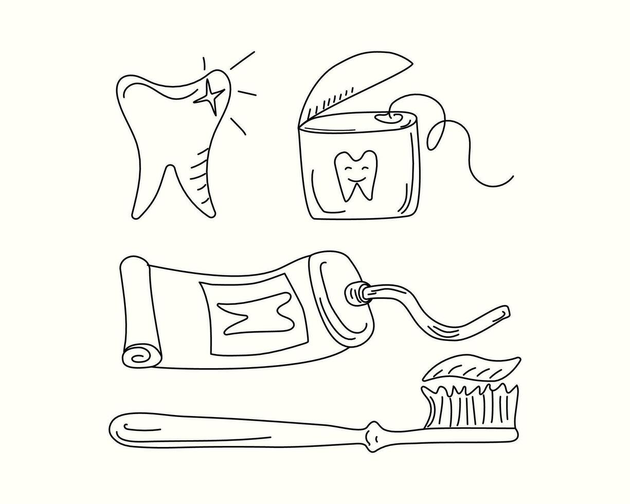 Toothpaste and toothbrush. Dental care. Doodle set. vector