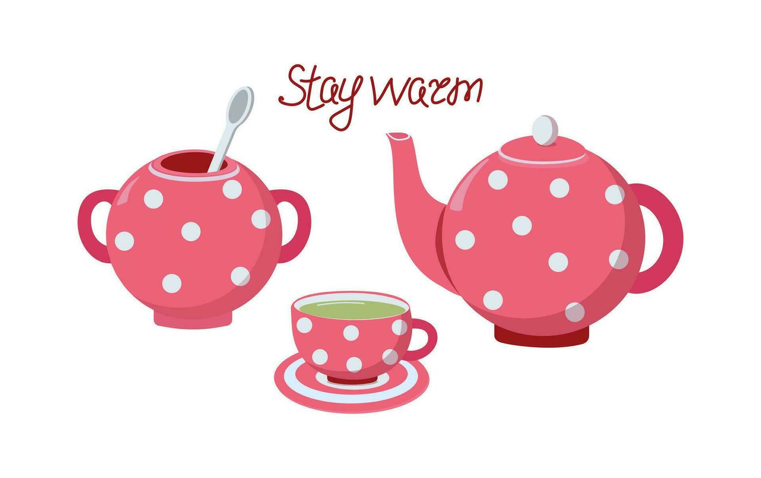 Kettle, tea, sugar bowl. Set of dishes for tea drinking. Tea in a cup. Hot drink. vector