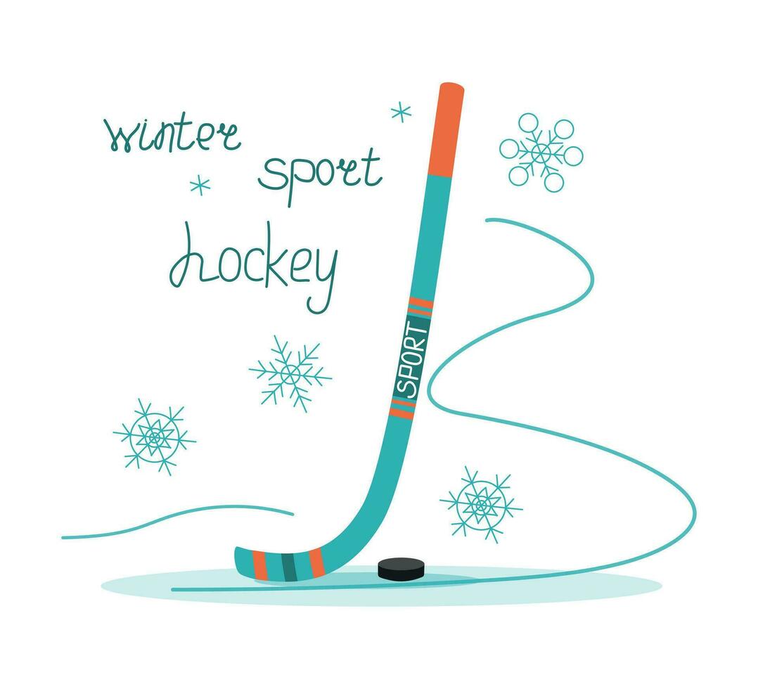 hockey palo y hockey disco. invierno deporte, invierno estación. Deportes equipo. nieve, copos de nieve. activo sano estilo de vida. letras vector