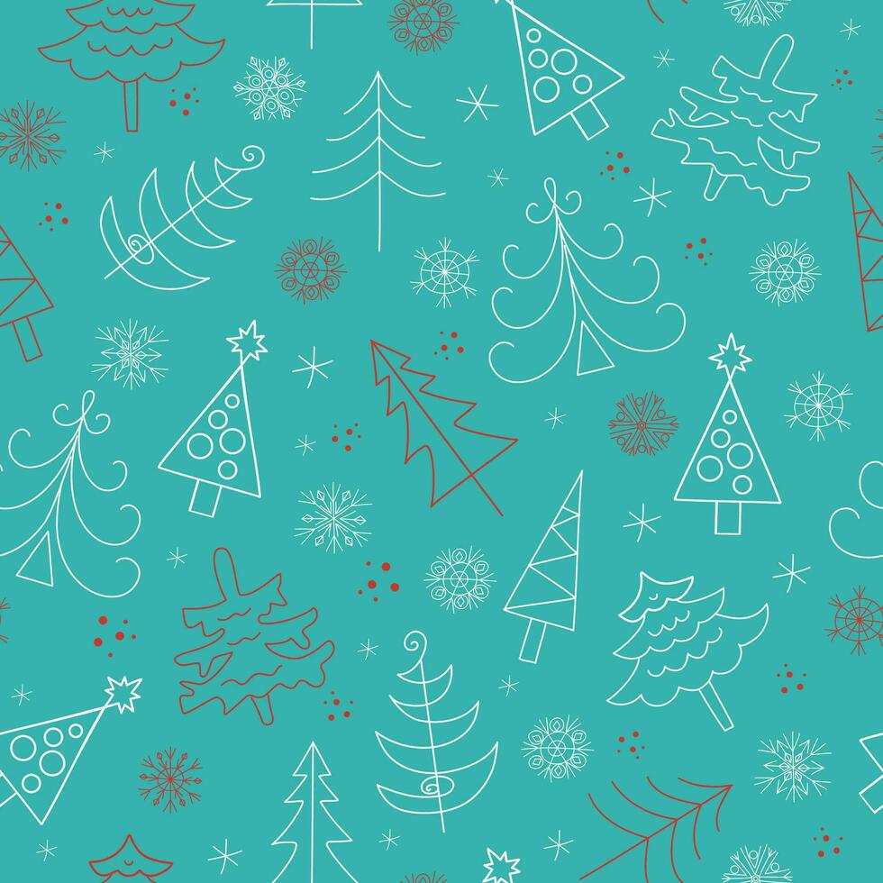 Set of Christmas trees and snowflakes. New Year's fir in doodle style, vector Seamless background. For decoration of gift wrapping, textiles, wallpaper.