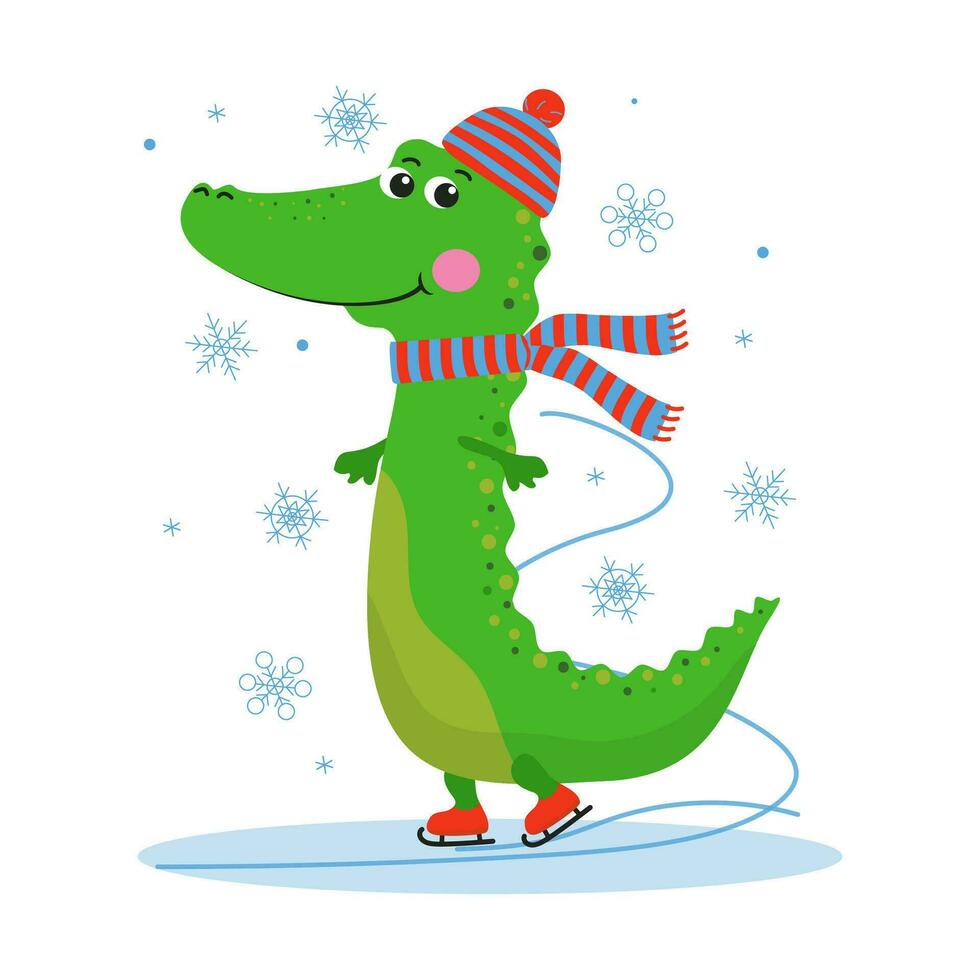 A cheerful cartoon crocodile is skating on a skating rink. Skates, Winter sports. Crocodile in warm knitted clothes, hat and scarf ice skating, figure skating. Winter accessories. New Year, Christmas. vector