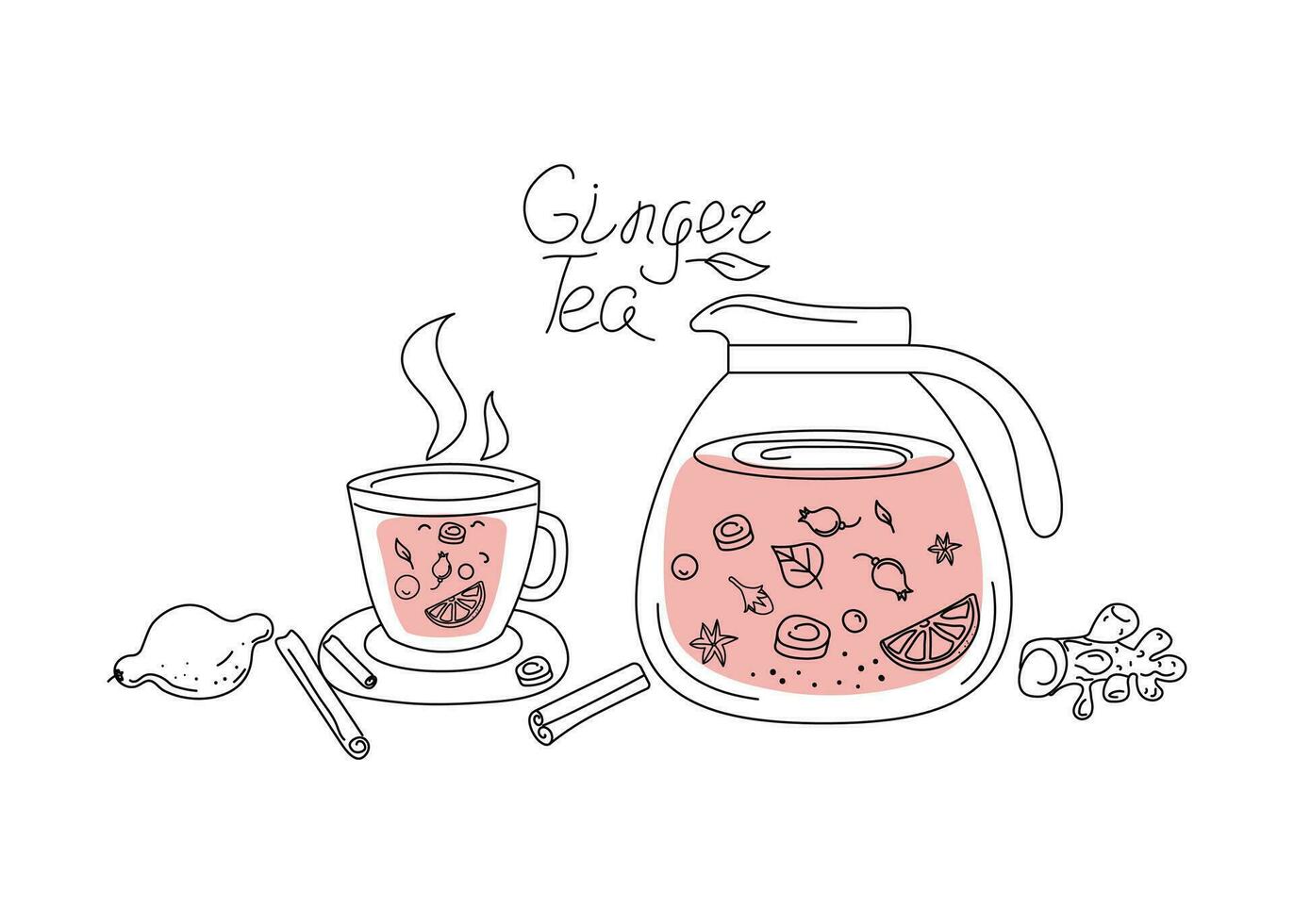 Hot drink. Ginger tea in a teapot and cup. Winter season. vector