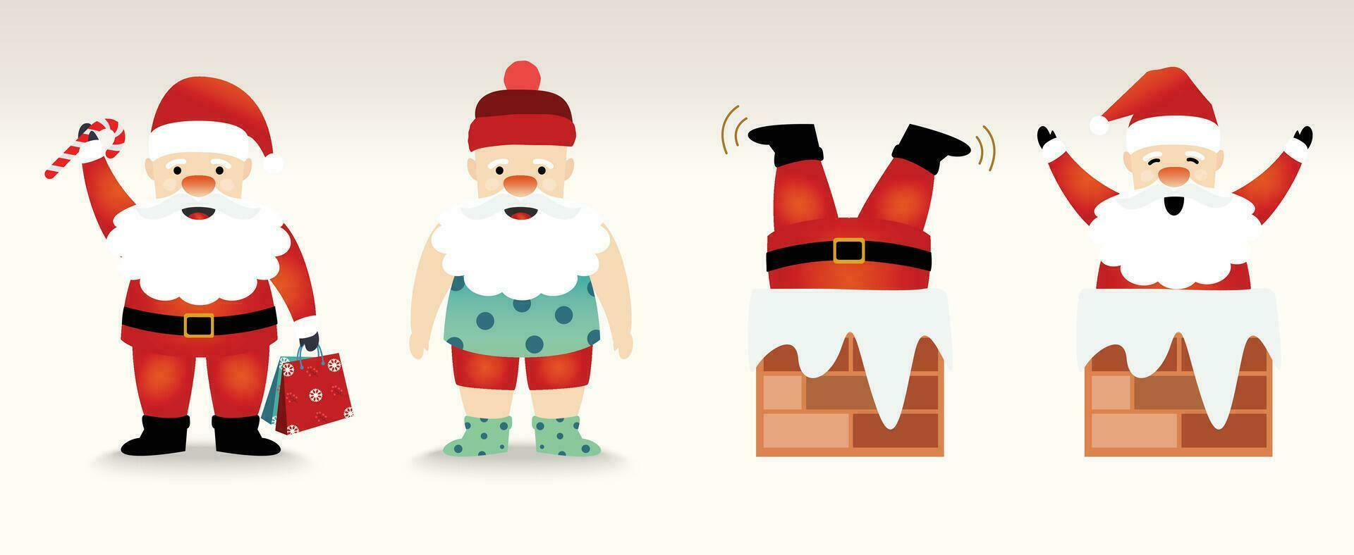 Set of cute Santa Claus. The act of Santa with candy and present bags, Santa stuck with chimney, Vector illustration. For new year cards, banners, headers, posters.