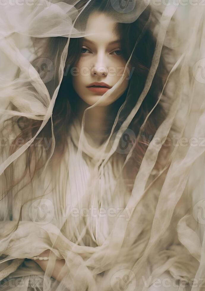 woman in wedding dress, neutral silk drapes on white background photo, in the style of laura makabresku, multilayered abstraction, gossamer fabrics, fujifilm x-t4, close-up, art photo