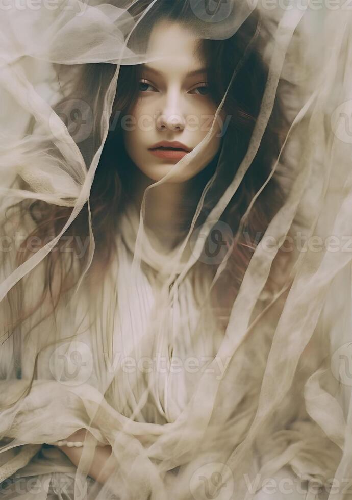 woman in wedding dress, neutral silk drapes on white background photo, in the style of laura makabresku, multilayered abstraction, gossamer fabrics, fujifilm x-t4, close-up, ai generative art photo