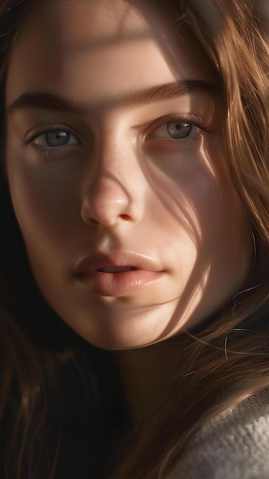 portrait of a blonde European woman with clear eyes, close-up, soft light, art photo