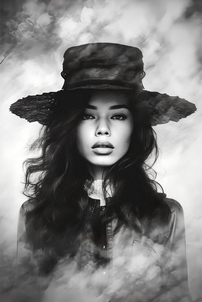 Black and white retro snapshot portrait of a woman posing in front of the camera in vintage black vintage clothes and hat, art photo