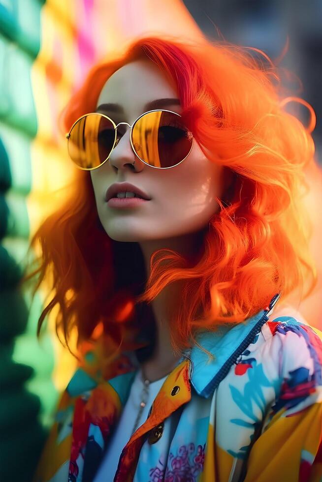 bright modern portrait of a red-haired curly-haired woman with glasses and short haircut, close-up, in unusual clothes, art photo