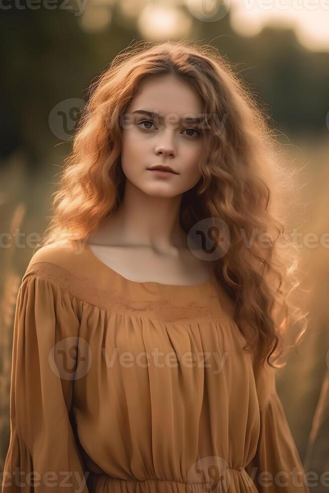 portrait of a European woman in simple rustic clothes on a field background, , natural photo, soft light, art photo