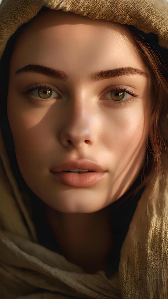 portrait of a blonde European woman with clear eyes, close-up, soft light, art photo