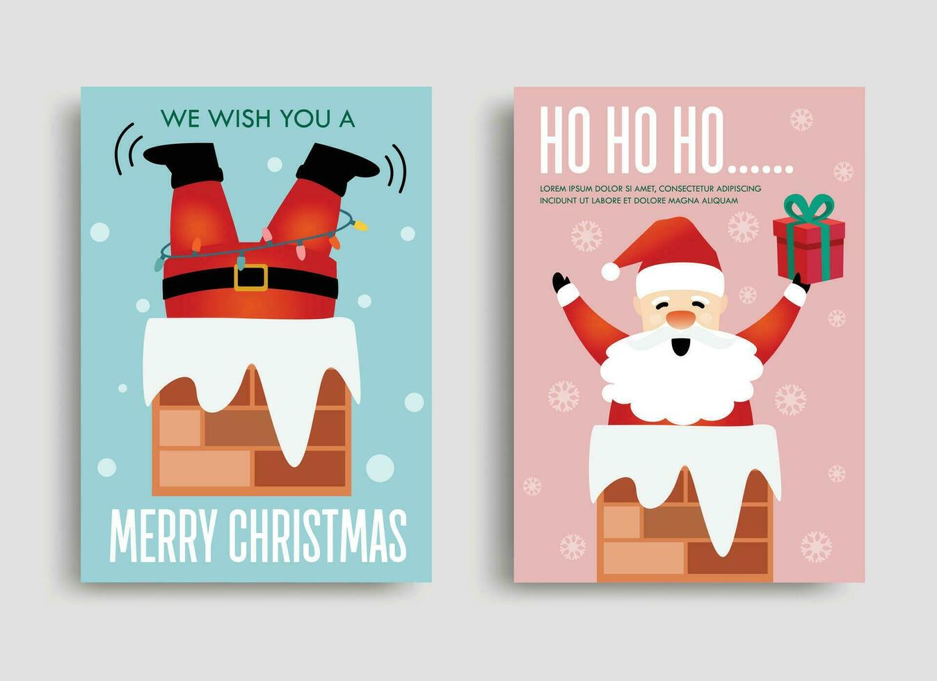 Set of Funny Santa Claus invitation cards, Santa stuck with a chimney, on the colorful background. Vector illustration.