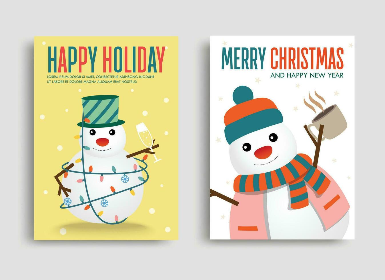 Set of Cute snowmen drinks champagne and coffee, flyer for the Christmas season, and Happy Holiday, Vector illustration.