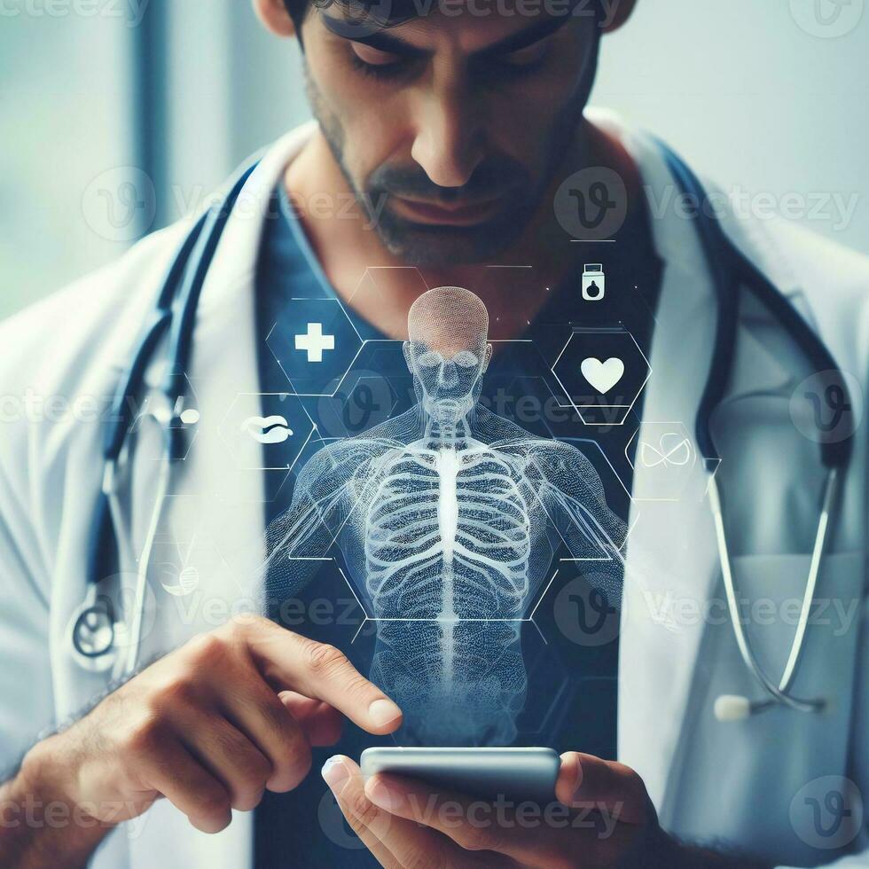 Telehealth technology for doctor developing treatment with smartphone ai generative photo