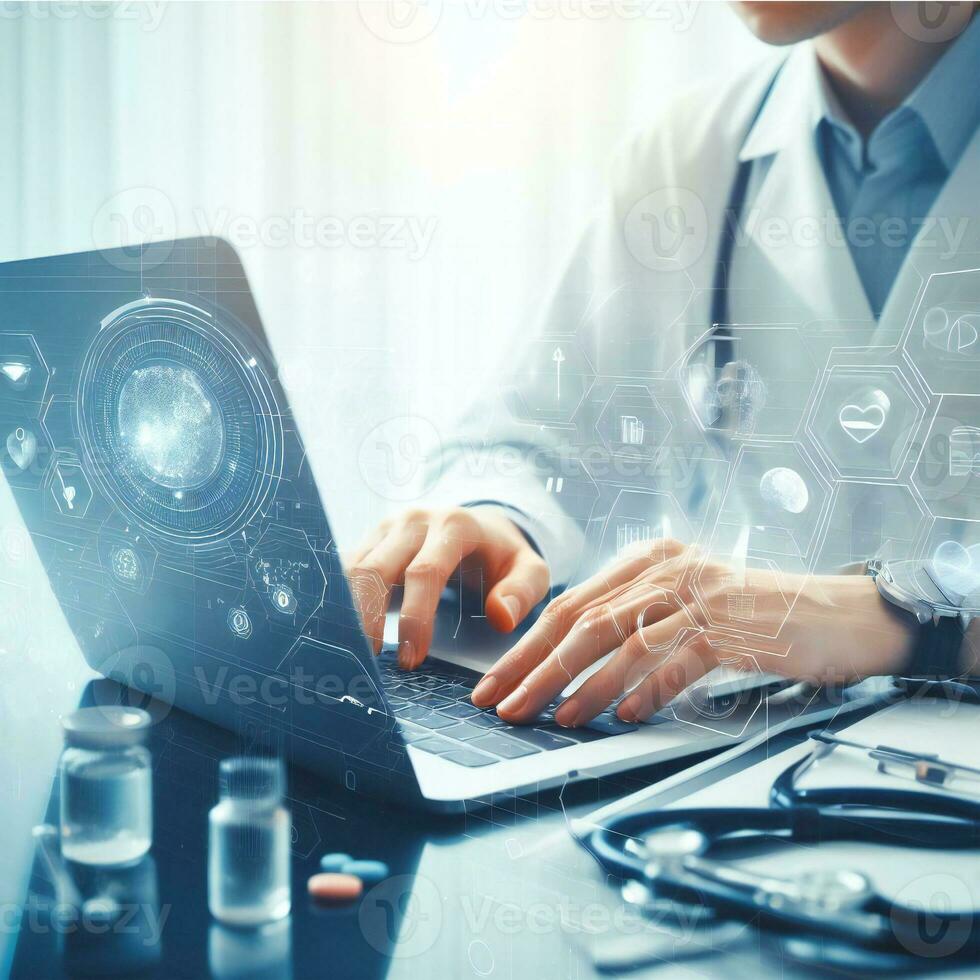Doctor use laptop trying to develop new and more advanced medicines  ai generative photo