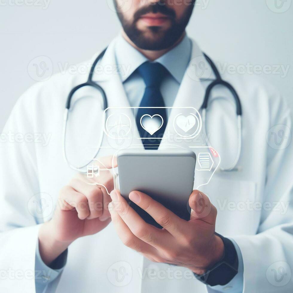 Telehealth technology for doctor developing treatment with smartphone ai generative photo