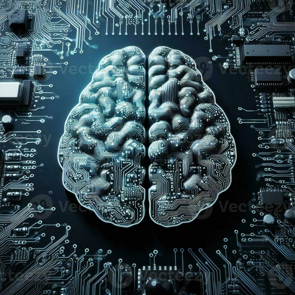 Creative design of brain on motherboard circuit progress futuristic artificial intelligence ai generative photo