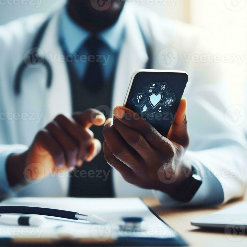 Telehealth technology for doctor developing treatment with smartphone ai generative photo