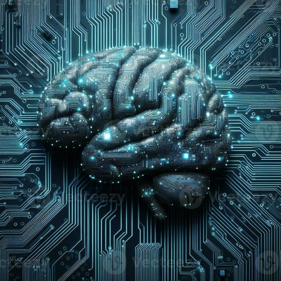 Creative design of brain on motherboard circuit progress futuristic artificial intelligence ai generative photo