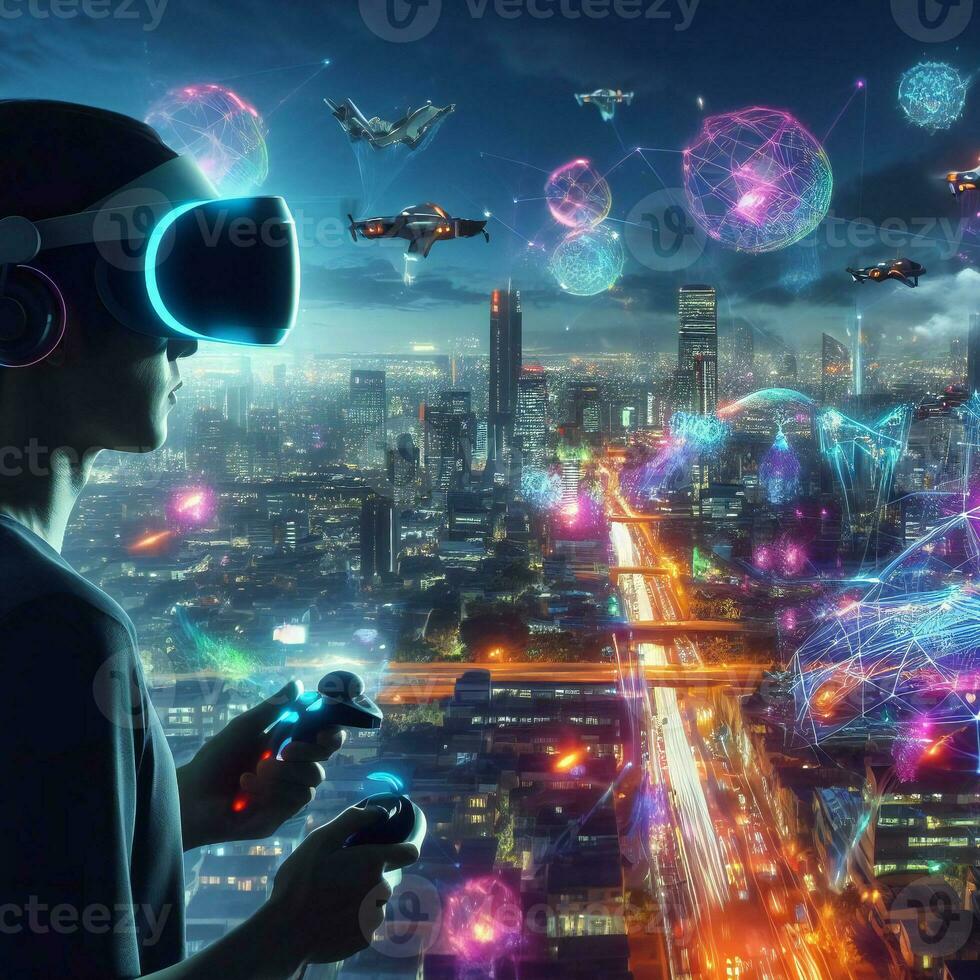 Virtual reality headset and high tech cyberspace futuristic Artificial intelligence  ai generative photo