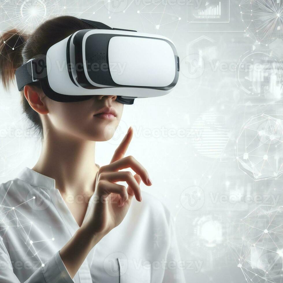 women in VR headset explores innovation and 3D technology for futuristic world ai generative photo