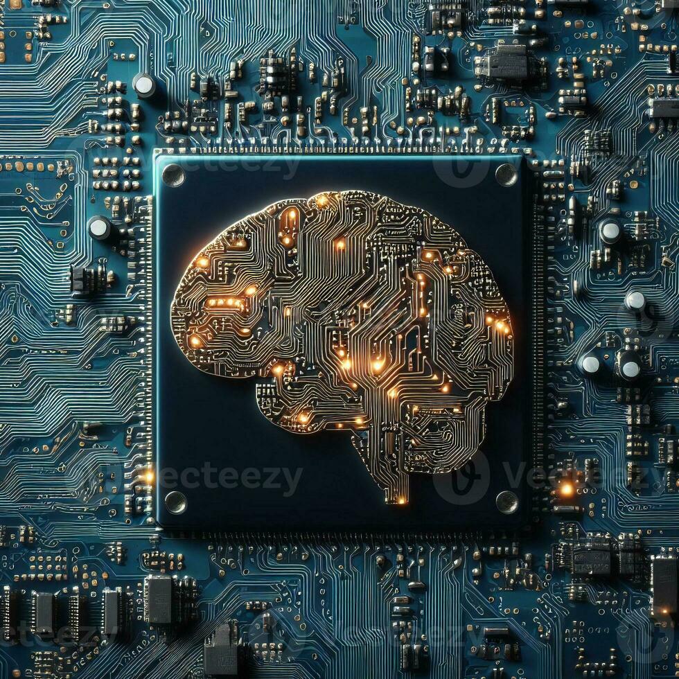 Creative design of brain on motherboard circuit progress futuristic artificial intelligence ai generative photo