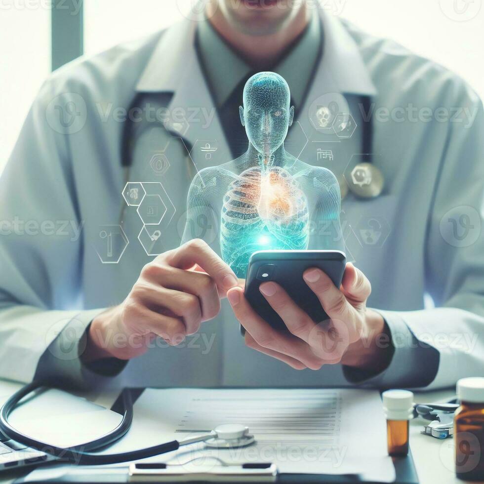 telesalud tecnología para médico desarrollando tratamiento con teléfono inteligente ai generativo foto