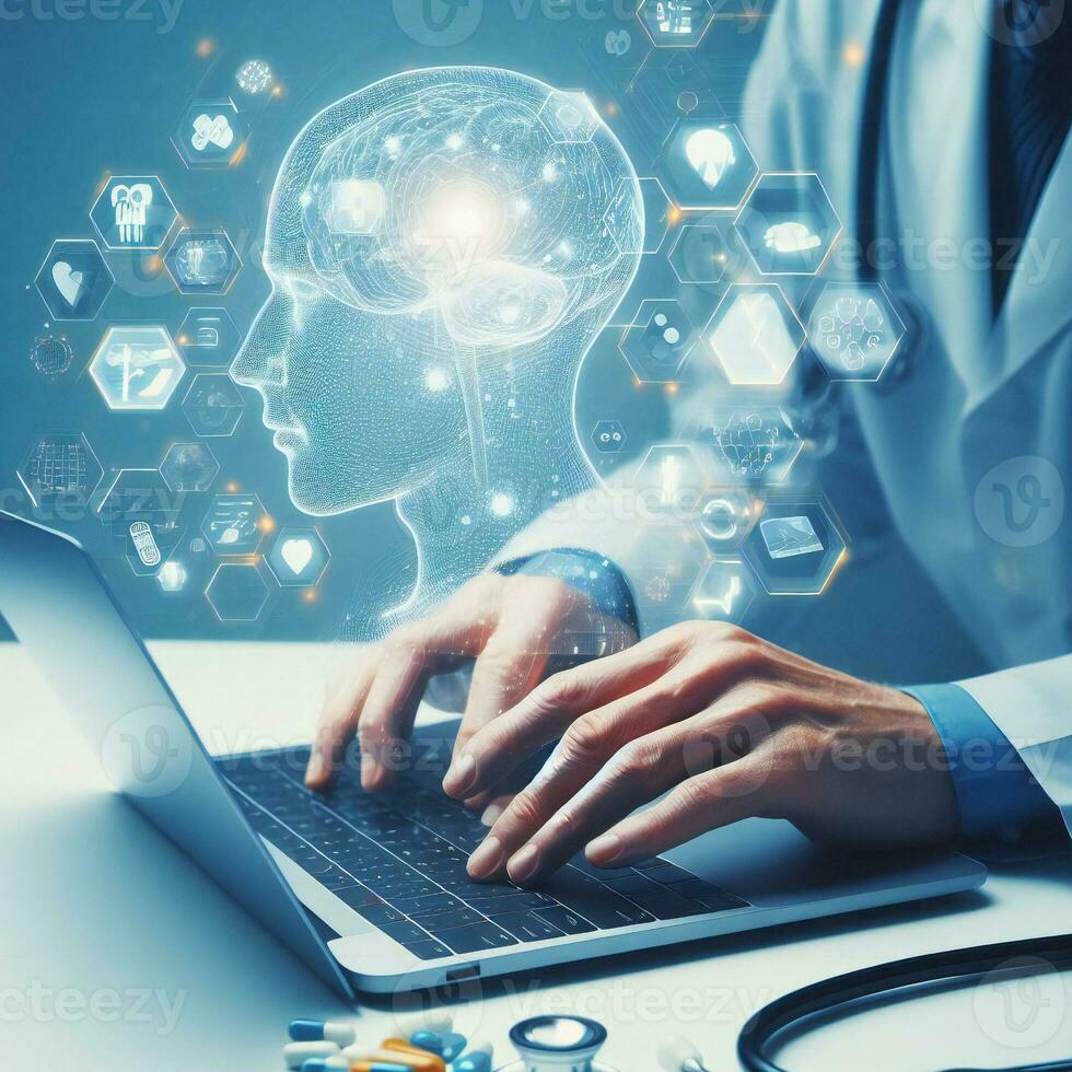 Doctor use laptop trying to develop new and more advanced medicines  ai generative photo