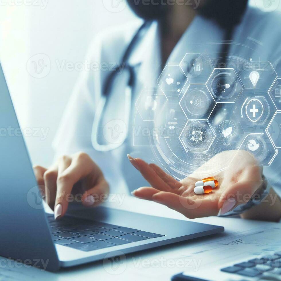 Doctor use laptop trying to develop new and more advanced medicines  ai generative photo