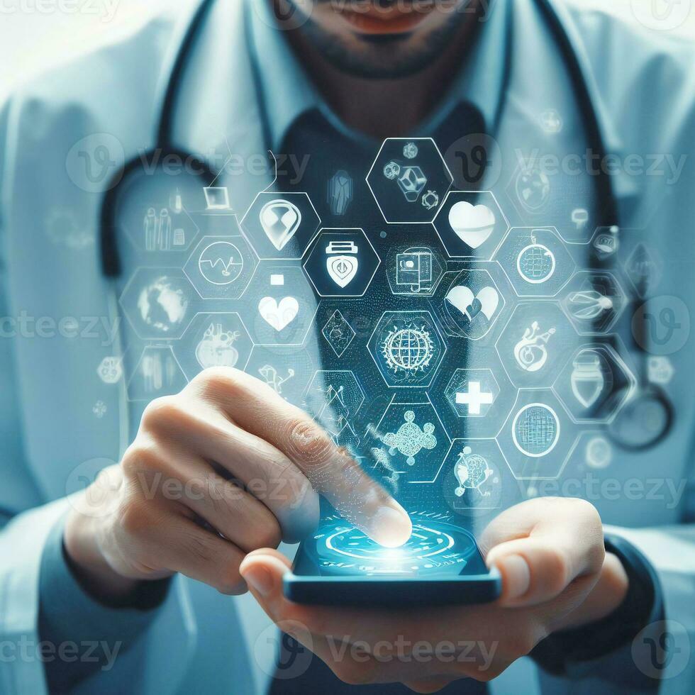 Telehealth technology for doctor developing treatment with smartphone ai generative photo