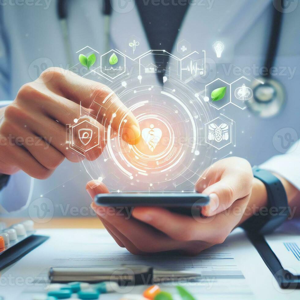 Telehealth technology for doctor developing treatment with smartphone ai generative photo