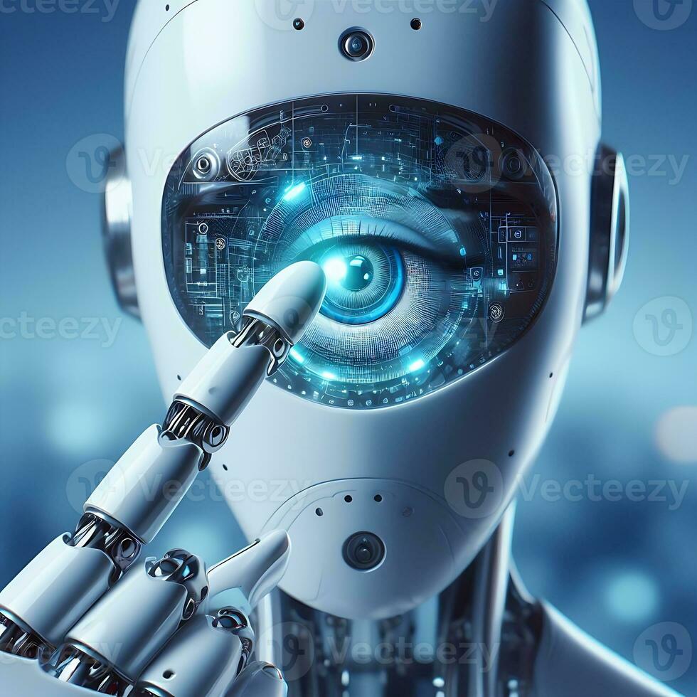 Robots sensory interaction AI with holds a hand near the eye ai generative photo