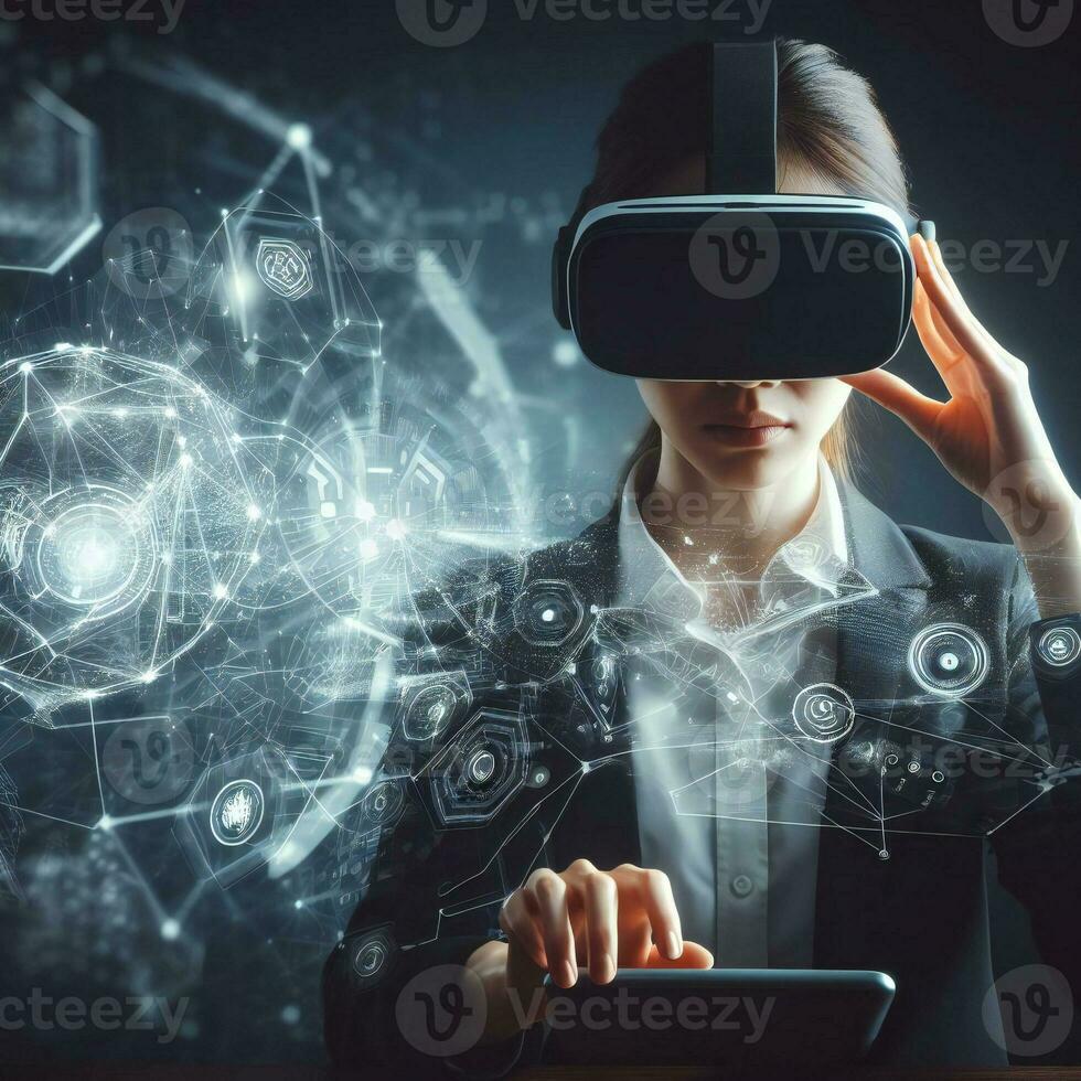 Woman wearing VR headset for working futuristic technology innovation ai generative photo