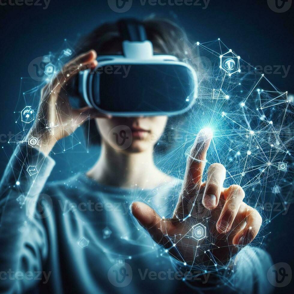 Digital horizon with merging humanity in VR headset ai ai generative photo