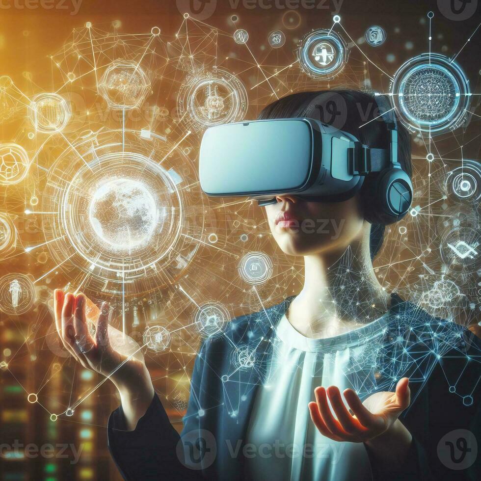 Digital horizon with merging humanity in VR headset ai ai generative photo